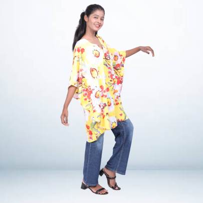 Yellow Floral Print Short Kaftan Tunic