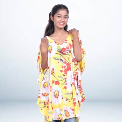 Yellow Floral Print Short Kaftan Tunic