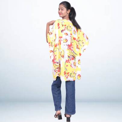 Yellow Floral Print Short Kaftan Tunic