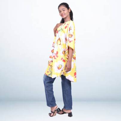 Yellow Floral Print Short Kaftan Tunic