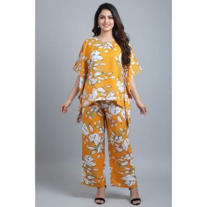 Yellow Floral Printed Kaftan Top & Pant Co-ord Set