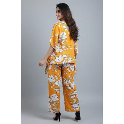 Yellow Floral Printed Kaftan Top & Pant Co-ord Set
