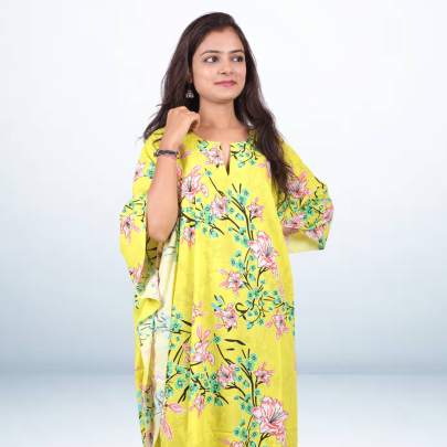 Yellow Printed Short Kaftan Caftan